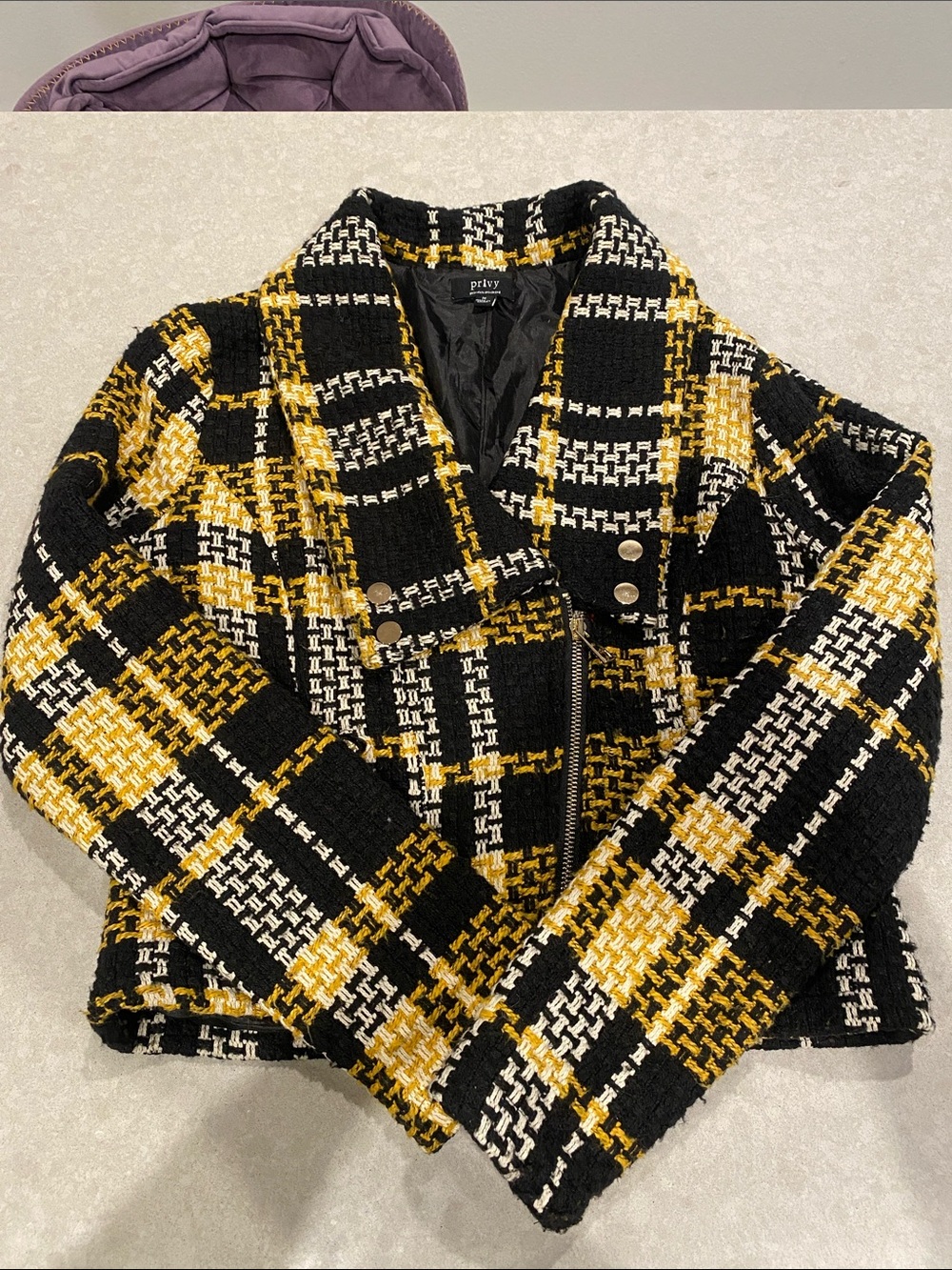 privy Black, Yellow & Cream Plaid Bouclé Moto Blazer